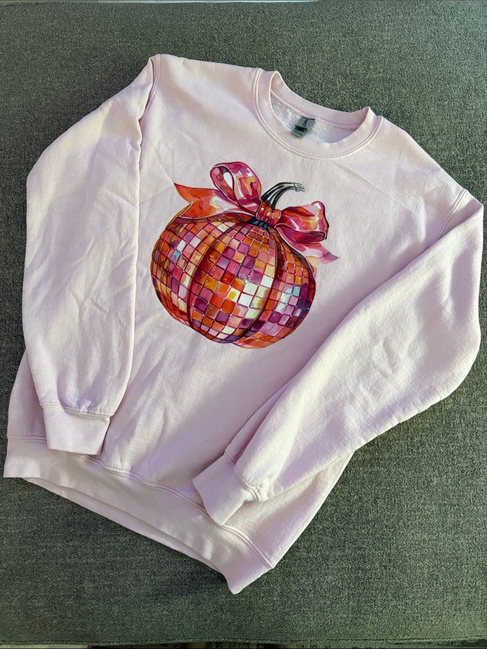 Gildan Light Pink Crewneck Sweatshirt with Colorful Disco Pumpkin Graphic